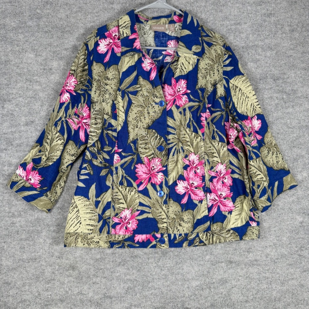 Chicos Size-3-XL Jacket‎ 100% Linen Tropical Floral Button Front Blue Pink